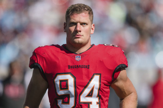 Tampa Bay Buccaneers linebacker Carl Nassib looks on during an NFL football game against the Carolina Panthers Sunday, Oct. 23, 2022, in Charlotte, N.C.