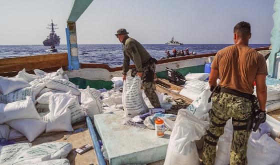 Members of the U.S. military aboard an intercepted fishing in international waters of the Gulf of Oman.