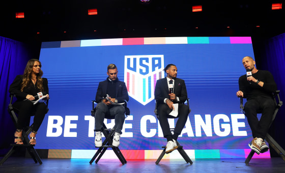 Gregg Berhalter, right, speaks to the media during the United States Men's National Team Roster Reveal Party For FIFA World Cup Qatar 2022 in Brooklyn, N.Y., on Nov. 9, 2022.