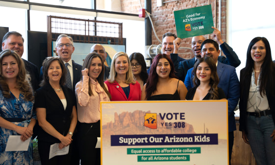 Image: Panelists from the American Business Immigration Coalition, Phoenix Mayor Kate Gallego, Mesa Mayor John Giles, and other Proposition 308 advocates in Phoenix.