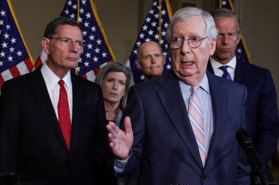 Senate Minority Leader Sen. Mitch McConnell, R-Ky., at the Capitol alongside fellow Republican Sens. John Barrasso, Joni Ernst, Rick Scott, and Senate Minority Whip Sen. John Thune on Sept. 13, 2022.
