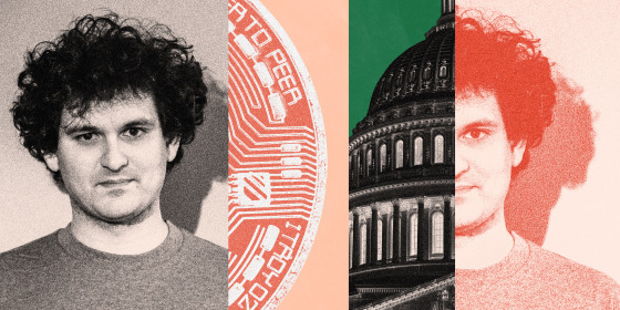 Photo illustration of Sam Bankman-Fried, a crypto token, and the Capitol in Washington.