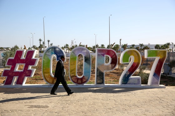 A COP27 logo sign in the grounds of the green zone area at the COP27 climate conference in Sharm El-Sheikh, Egypt, on Nov. 8, 2022.