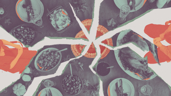 Two people sitting at opposite ends of a broken thanksgiving table.