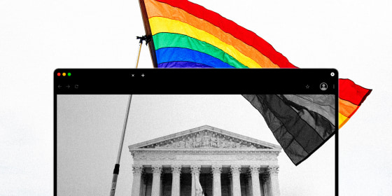 Photo illustration: Part of a photo of a pride flag waving over the Supreme Court seen through a web browser window is black and white.