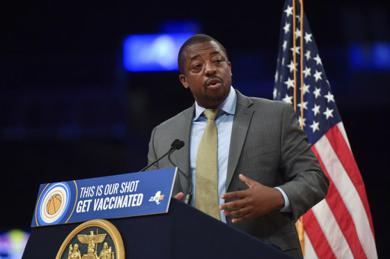 Brian Benjamin at a COVID briefing in Brooklyn, N.Y.