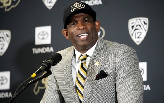 Image: Deion Sanders is introduced as the new head football coach at the University of Colorado on Dec. 4, 2022, in Boulder.