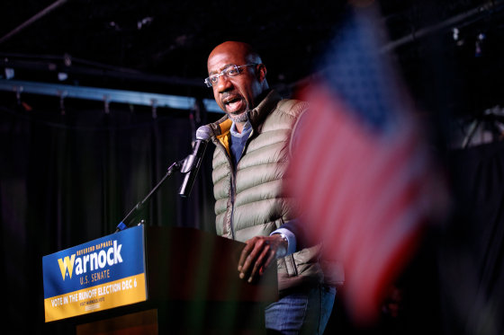 Sen. Raphael Warnock, D-Ga., Georgia, speaks to supporters in Atlanta on Dec. 3, 2022.