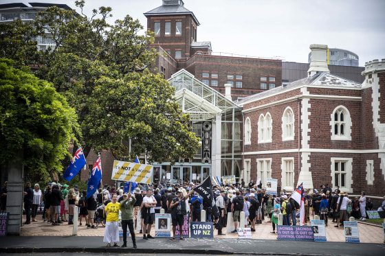 Anti-vaccination demonstrators outside the High Court in Auckland, New Zealand on Tuesday. 