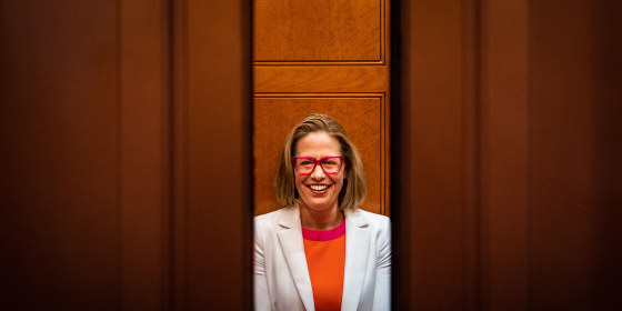 Image: Sen. Kyrsten Sinema (D-AZ) smiling while talking to reporters as the elevator door closes.