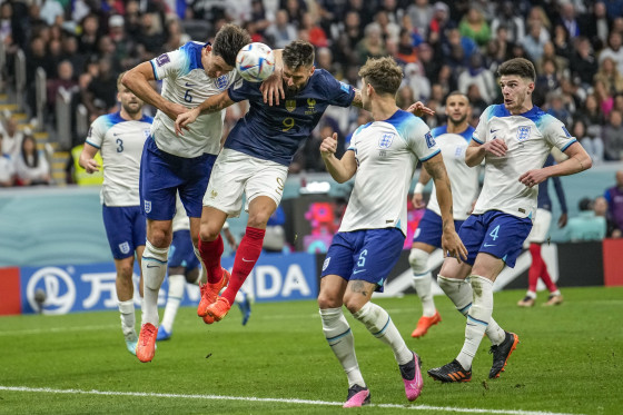 France's Olivier Giroud scores his side's second goal during the World Cup quarterfinal soccer match between England and France in Al Khor, Qatar, on Saturday, Dec. 10, 2022.