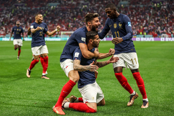 Image: France's defender #22 Theo Hernandez celebrates with teammates after scoring his team's first goal during the Qatar 2022 World Cup semi-final football match between France and Morocco at the Al-Bayt Stadium in Al Khor, north of Doha on Dec. 14, 2022.