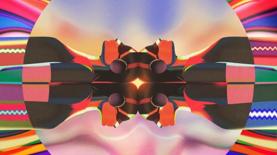 Illustration of a mirrored figure laying on back with headphones and eye covering. Colorful patterns emanate from the mirrored figures. 