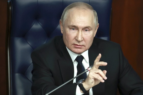 Russian President Vladimir Putin speaks during a meeting with senior military officers in Moscow on Dec. 21, 2022.