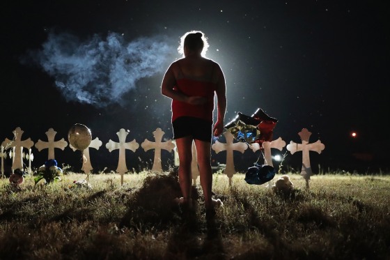 Twenty-six crosses stand in a field on the edge of town to honor the 26 victims killed at the First Baptist Church of Sutherland Springs on Nov. 6, 2017 in Sutherland Springs, Texas.