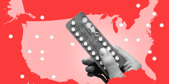 Photo illustration: A hand holding a strip of birth control pills inside the map of the United States of America. Punched out white holes can be seen across the map.