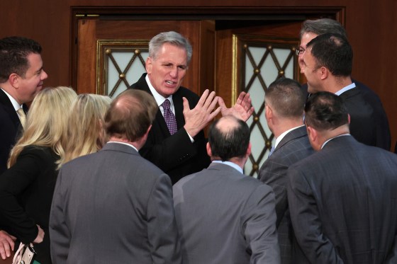 Kevin McCarthy speaks with members-elect during the second day of elections for Speaker of the House at the U.S. Capitol