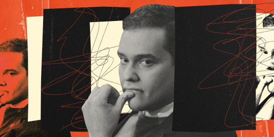 Photo illustration of Rep. George Santos, panels of paper, and hectic red scribbles