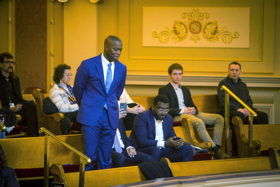 Senator-Elect Aaron Rouse D-Norfolk is recognized by the Virginia senate during the opening day of the Virginia General Assembly in the gallery of the Senate chamber inside the Virginia State Capitol Building in Richmond, Va. on Wednesday, Jan. 11, 2023. Senator-Elect Rouse narrowly defeated Republican Tuesday Kevin Adams for the 7th state Senate district.