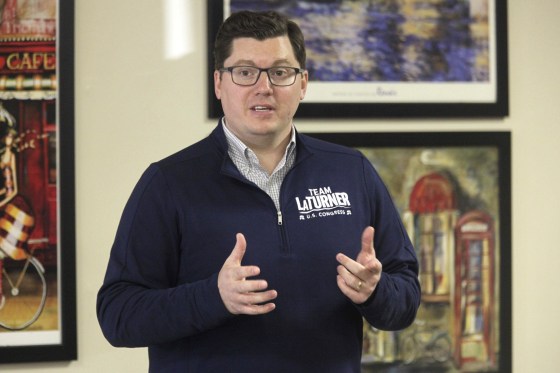 U.S. Rep. Jake LaTurner, R-Kan., speaks to Republican volunteers during a campaign stop with other GOP candidates, Monday, Nov. 7. 2022, at a restaurant in Topeka, Kan,. LaTurner represents the 2nd District of eastern Kansas and won his seat in 2020 after serving as Kansas state treasurer and in the Kansas Senate.