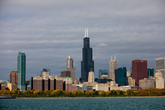 Lake Michigan and the skyline of Chicago.
