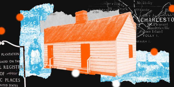 Photo Illustration: A collage of images including a slave cabin, photographed in 2023, and etchings of a planation in the 1800s