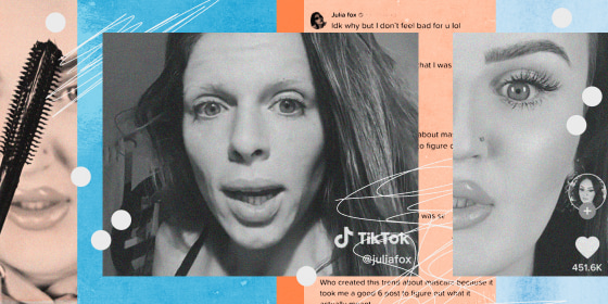 Photo illustration of Mikayla Nogueira holding a mascara wand; Julia Fox in a TikTok video, and comments from a Tiktok thread about "mascara."