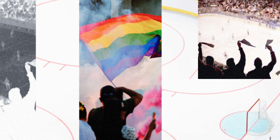 Photo Illustration: A collage of hockey fans, a hockey rink, and a gay pride parade