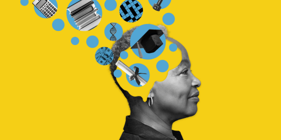 Photo illustration: Cutout of a woman's head with circles depicting factors related to variation in cognitive decline.