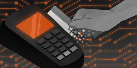 Illustration of a card dissolving into pixels as a hand swipes it on a card reader.