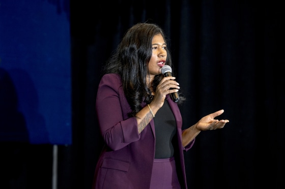 Kristina Karamo speaks during the Unite America rally in Dearborn, Mich.