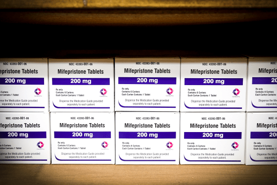 Boxes of the drug mifepristone line a shelf at the West Alabama Women's Center in Tuscaloosa, Ala., on March 16, 2022.