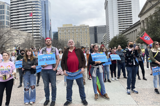 Advocates gather for a rally at the state Capitol complex in Nashville, Tenn., to oppose a series of bills that target the LGBTQ community, Tuesday, Feb. 14, 2023. Lawmakers are considering efforts to ban gender-affirming care for transgender minors, restrict where certain drag shows can take place and bar private companies that manage care for Tennessee's Medicaid program from contracting with the state if they cover gender-transitioning care.