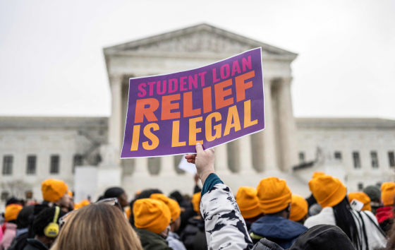 Student debt relief advocates rally outside the Supreme Court on Feb. 28, 2023.