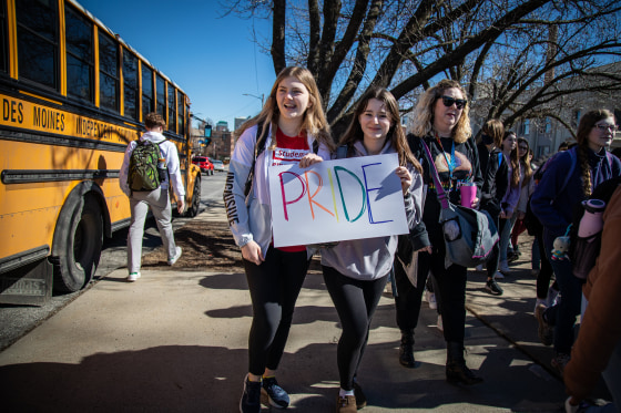 Students at high schools across Iowa walked out of classes on March 1, 2023, to protest anti-LGBTQ legislation moving through the Iowa General Assembly. More than 400 students from Central Academy in Des Moines took part, marching from school to the Governor's mansion a few blocks up the street.