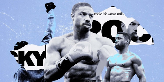 Photo Illustration: A collage of images including Michael B. Jordan as Adonis Creed, the actor Jonathan Majors, Sylvester Stallone as Rocky Balboa raising his fist, and scraps of the original "Rocky" (1976) movie poster