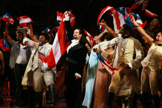 Lin-Manuel Miranda and the cast of "Hamilton" say goodbye during the closing night in San Juan, Puerto Rico, on Jan. 27, 2019.