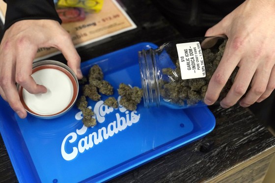 Store manager Josh Poole pours marijuana flowers onto a try at a Mango Cannabis medical marijuana dispensary, Monday, March 6, 2023, in Oklahoma City. Oklahoma voters will decide Tuesday whether to make the state one of the most conservative to green light cannabis use for adults. (AP Photo/Sue Ogrocki)