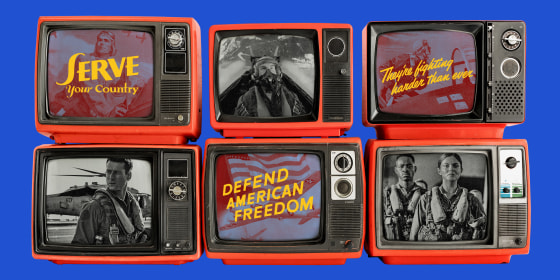 Photo illustration: Stacked television screens with alternating images from Top Gun: Maverick and vintage wartime propaganda.