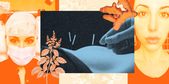 Photo Illustration: A collage of images including a before and after photo of Lauren Nichols, an acupuncture session, holy basil, and ginger root