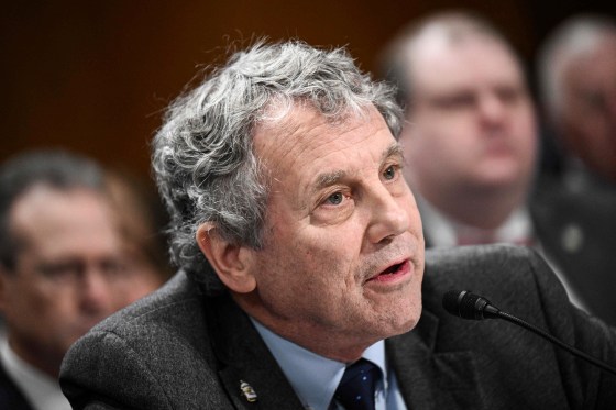 Sen. Sherrod Brown, D-Ohio, testifies during a Senate hearing on March 9, 2023.