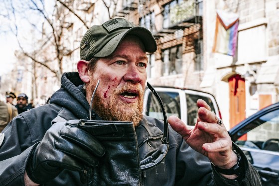 A member of the "Proud Boys" leaves a protest against Drag Queen Story Hour in New York on March 19, 2023.