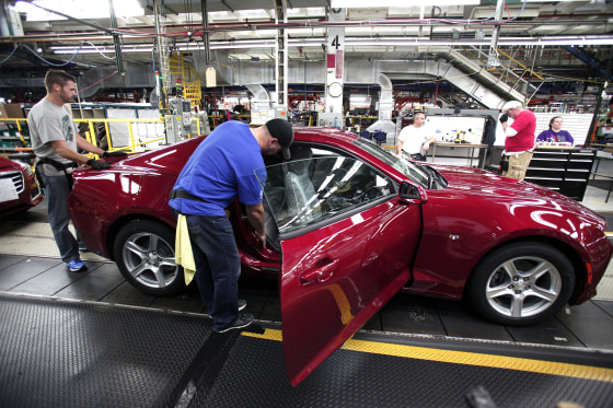 Workers put the finishing touches on a new General Motors 2016 Chevrolet Camaro as it rolls off the production line at GM's Lansing Grand River Assembly Plant October 26, 2015 in Lansing, Michigan. The Gen Six Camaro is the first to be produced in the United States since the third generation Camaro in 1992.