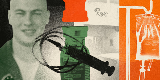 Photo collage of Ketamine, IV drips, a KWC clinic, and a photo of Travis Zubick.