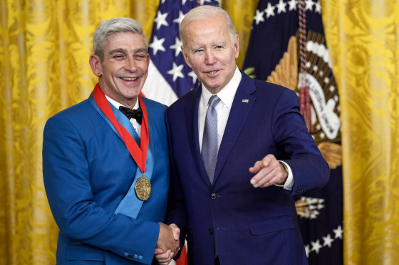 President Joe Biden presents the National Humanities Medal to Richard Blanco at the White House on March 21, 2023.