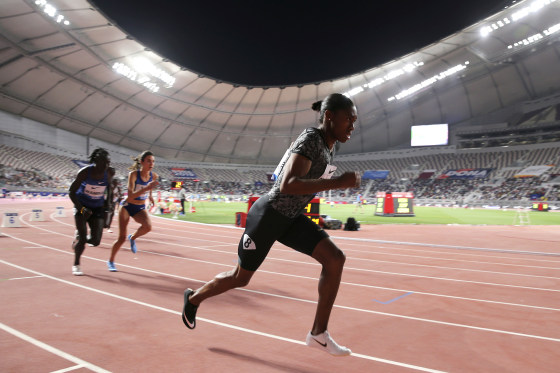 South Africa's Caster Semenya competes to win the gold in the women's 800-meter final during the Diamond League in Doha, Qatar, Friday, May 3, 2019.