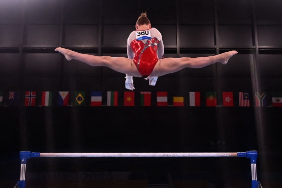 A Russian artistic gymnast during the Tokyo 2020 Olympic Games.