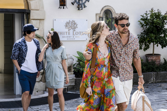 Will Sharpe as Ethan Spiller, Aubrey Plaza as Harper Spiller, Meghann Fahy as Daphne Sullivan, Theo James as Cameron Sullivan in "The White Lotus" season 2.