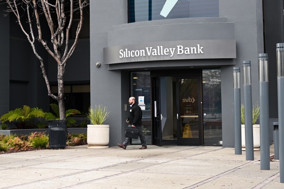 A person leaves the Silicon Valley Bank headquarters