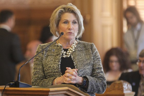 Kansas state Rep. Barb Wasinger, R-Hays, speaks ahead of a successful House vote to override Democratic Gov. Laura Kelly’s veto of a bill banning transgender athletes from girls’ and women’s sports on April 5, 2023, in Topeka. 